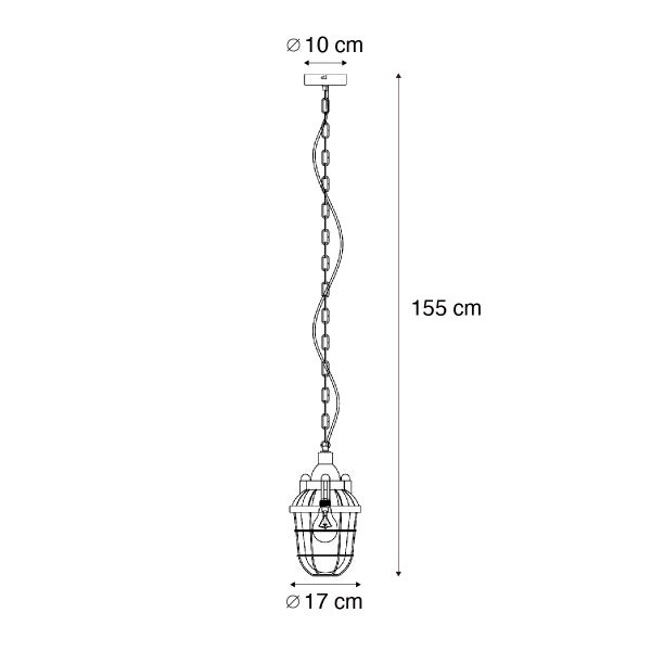 Technische Zeichnung einer Pendelleuchte mit den Maßen 155 cm Länge und einem Durchmesser von 17 cm unten und 10 cm oben