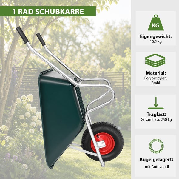 Einrädrige Schubkarre aus Stahl und Polypropylen mit einer Traglast von circa 250 Kilogramm und kugelgelagertem Rad mit Autoventil.