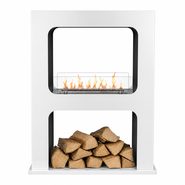 Freistehender Bioethanol Kamin in modernem Design mit integriertem Holzlagerfach und sichtbarer Flamme.