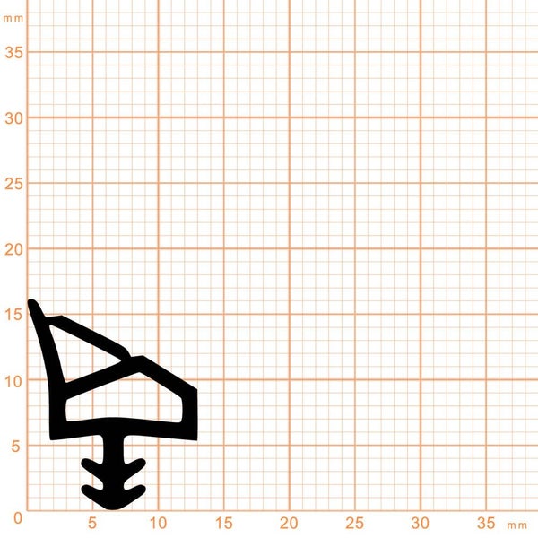 Querschnitt einer Profildichtung auf Millimeterpapier, Höhe circa 15 Millimeter, Breite circa 13 Millimeter.