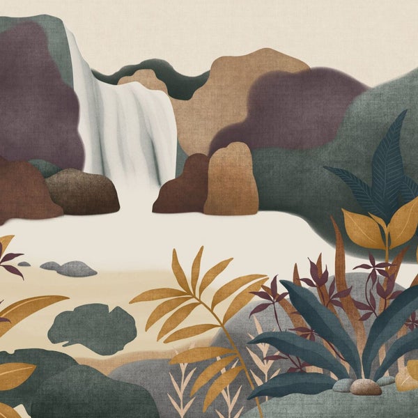 Illustration einer Landschaft mit Wasserfall, Hügeln und Pflanzen