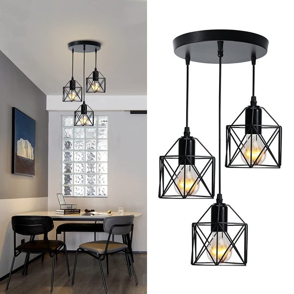 EMKE Pendellampe 3 flammige Kronleuchter Vintage Pendellampe Retro Hängelampe Deckenleuchter, Schwarz Lampenschirm für E27, Wohnzimmer Cafe (1 Set)