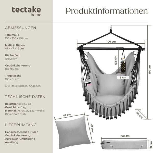 Hängesessel tectake Malika inkl. Tragetasche, ca. 100 x 150 x 150 cm extra dicke Sitz- und Rückenkissen grau