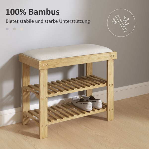 HOMCOM Schuhbank mit Sitzfläche, Bambus Sitzbank mit Stauraum, Schuhregal mit 2 offene Fächer, Sitzbank, Bank, Garderobenbank für Wohnzimmer, Flur, 60 x 29 x 49 cm Cremeweiß