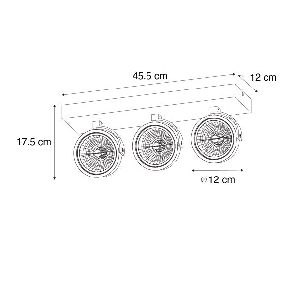 Zeichnung einer dreiflammigen Deckenleuchte mit Maßangaben