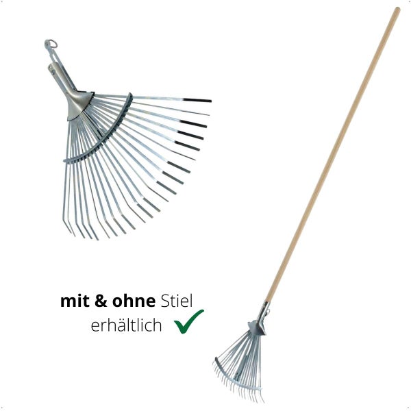 Fächerbesen mit und ohne Holzstiel als Gartengerät zum Zusammenharken von Laub und Rasenschnitt.