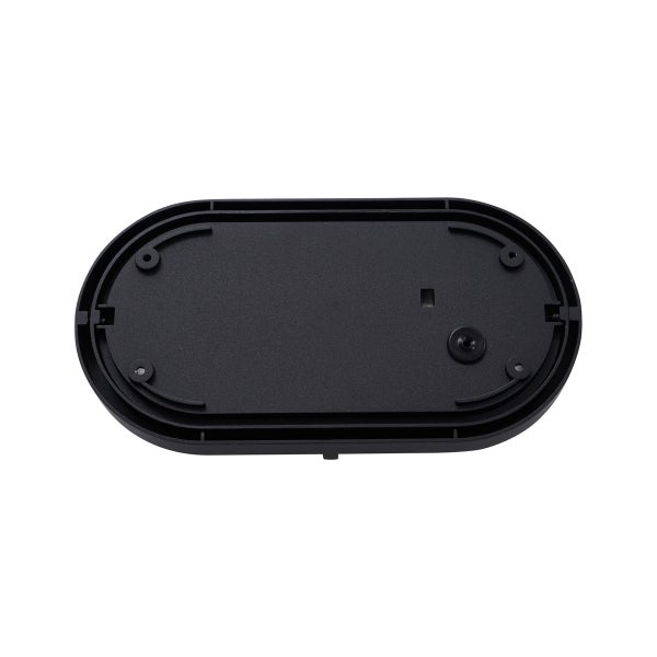 Schwarze ovale Montageplatte für Außenwandleuchte mit Schraublöchern und Kabeldurchführung.