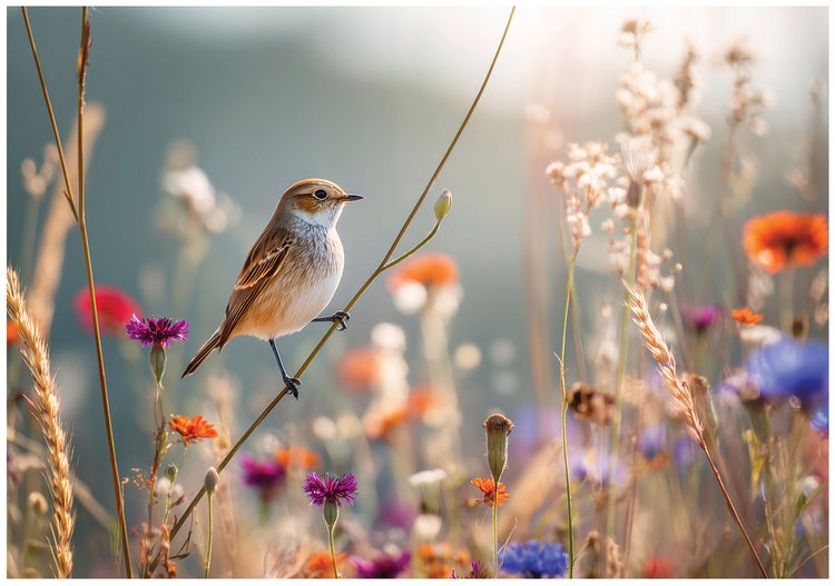 Kleiner Vogel sitzt auf einem dünnen Pflanzenstängel in einer blühenden Blumenwiese mit verschiedenen Wildblumen bei Sonnenlicht.