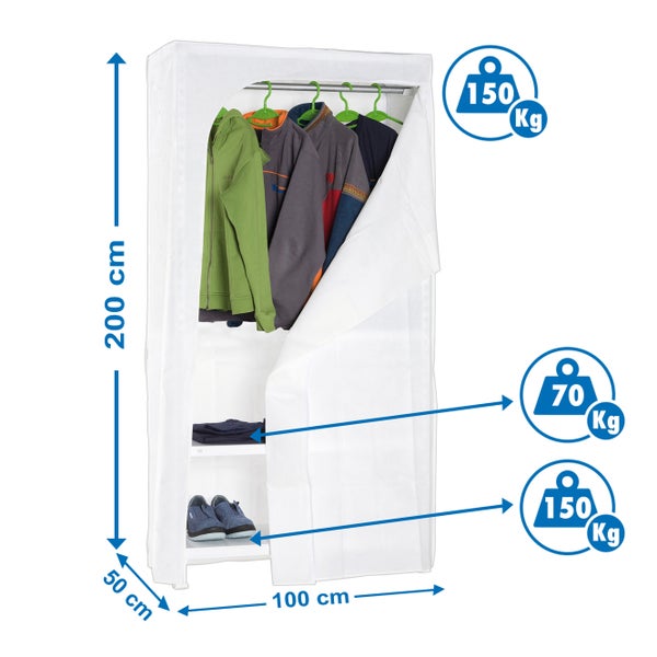 PROREGAL Kleiderregal Peacock mit Regalbezug HxBxT 200 x 100 x 50 cm Weiß Kleiderständer Garderobe Klamottenregal Stangenregal