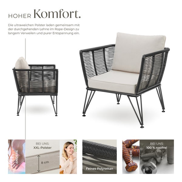 Garten-Loungesessel  tectake Sundo 75,5 x 67 x 71 cm rundes Polyrattan im Rope-Design anthrazit