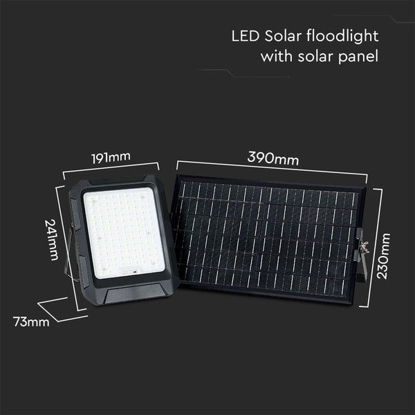 LED Solarstrahler mit Solarpanel und Maßangaben