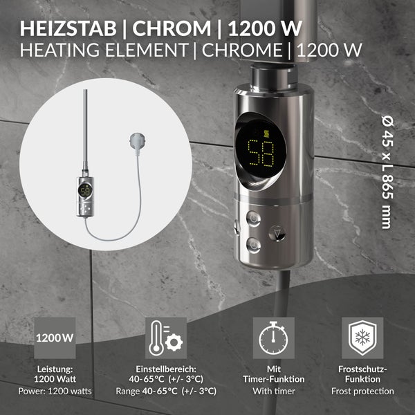 Heizstab in Chrom mit 1200 Watt, digitaler Anzeige, Timer, Frostschutz und Einstellbereich von 40 bis 65 Grad Celsius.