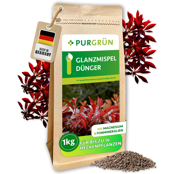 PURGRÜN Glanzmispel Dünger 1 Kilogramm für Heckenpflanzen mit Magnesium und Tonmineralien Made in Germany
