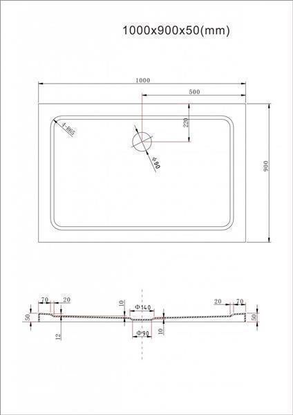 Technische Zeichnung einer Duschwanne mit den Maßen 1000x900x50 Millimeter