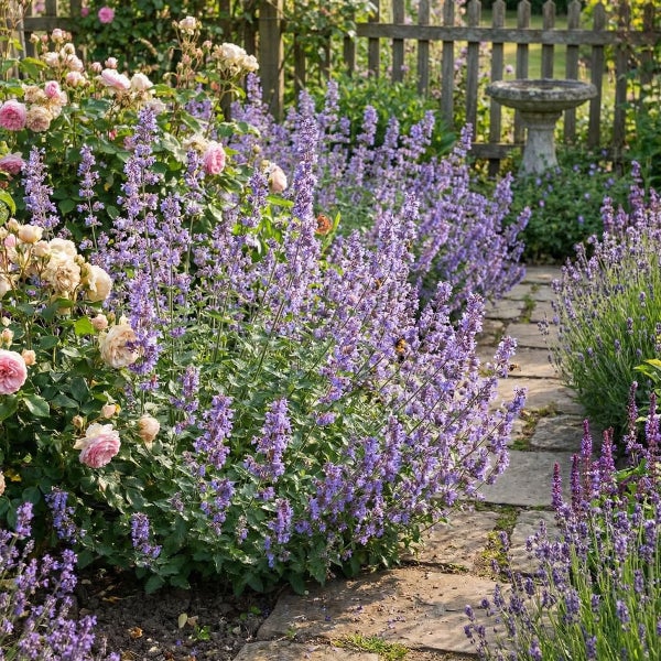 Blühender Garten mit violetter Katzenminze, rosa Rosen, einem gepflasterten Steinweg, einem Holzzaun und einer Vogeltränke aus Stein.