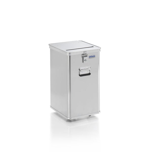 Gmöhling Entsorgungsbehälter aus Aluminium mit Einwurfschlitz, Klappdeckel, Schloss und Griff für die Aktenvernichtung.
