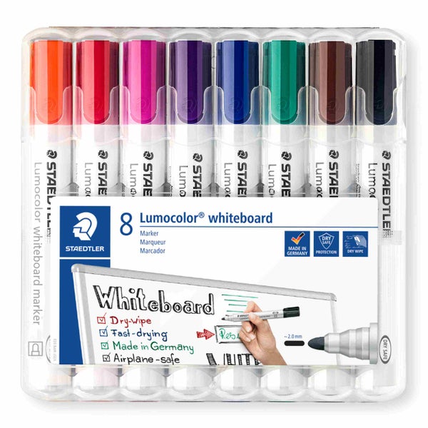 Set mit 8 Staedtler Lumocolor Whiteboard Markern in verschiedenen Farben inklusive Staedtler Logo und Produktinformationen auf der Verpackung.