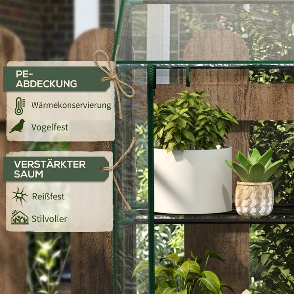 Folientreibhaus mit PE Abdeckung und verstärktem Saum, wärmekonservierend, vogelfest und reißfest, stehend im Garten mit Pflanzen auf Regalen.