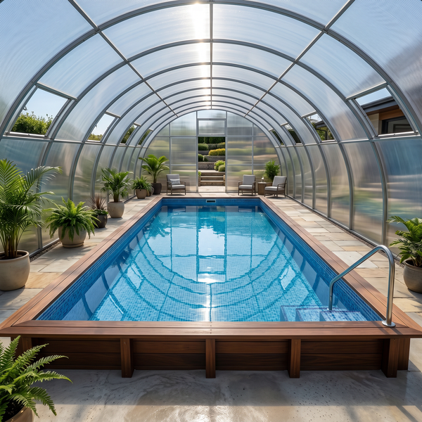 Ein rechteckiges Schwimmbecken mit Holzumrandung in einer geräumigen, gewölbten Poolüberdachung aus Kunststoff mit Pflanzen und Sitzgelegenheiten.