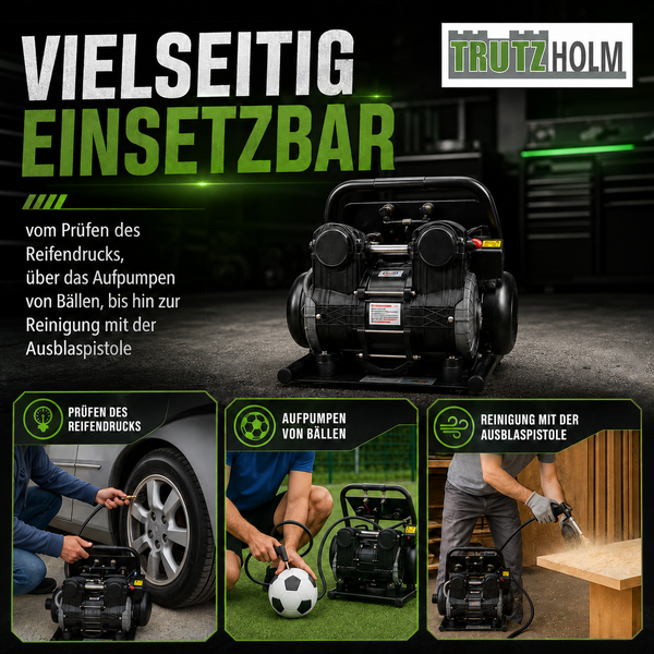 Vielseitiger Trutzholm Luftkompressor beim Prüfen des Reifendrucks, Aufpumpen von Bällen und Reinigen von Holz mit einer Ausblaspistole.