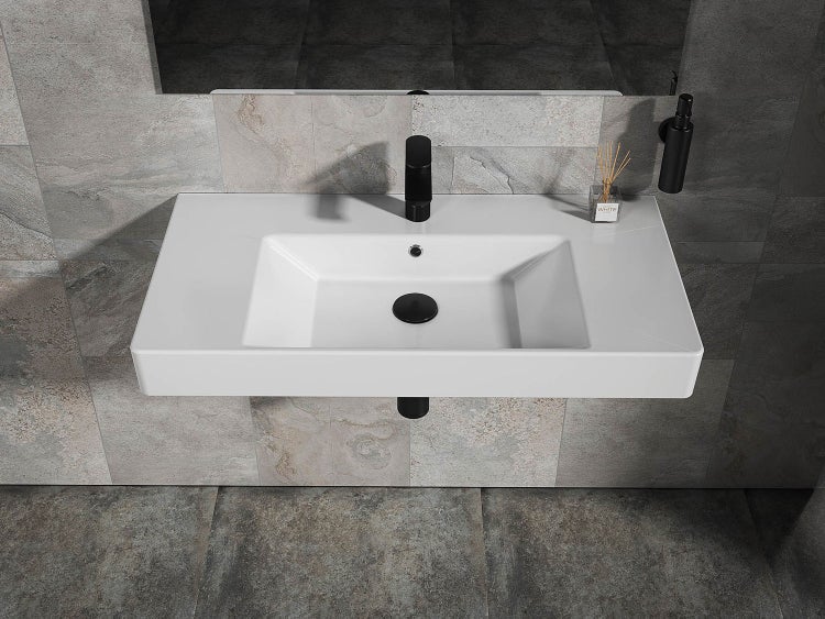 Aqua Bagno Quadra Soft Waschbecken KP.90 – 91 x 45,5 cm – Weiß Hochglanz – Keramikbecken mit Hahnloch & Überlauf