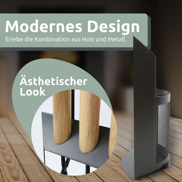 holz4home 6tlg. Kaminbesteck Schwarz mit Holzgriff inkl. Ofenhandschuh