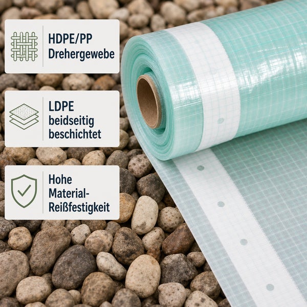 Gitterfolie auf Rolle mit HDPE und PP Gewebe, beidseitig LDPE beschichtet, hohe Reißfestigkeit, ideal als Abdeckplane oder Baufolie.