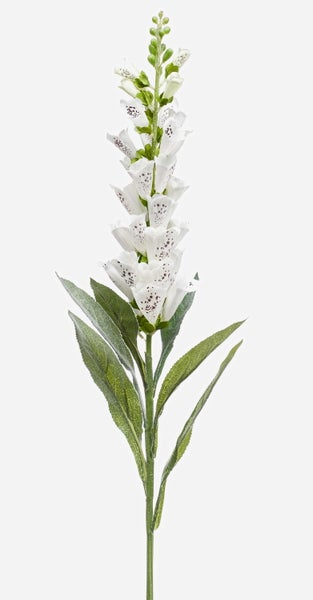 Künstlicher Fingerhut mit weißen, gepunkteten Glockenblüten an einem grünen Stängel mit Blättern für die Dekoration.