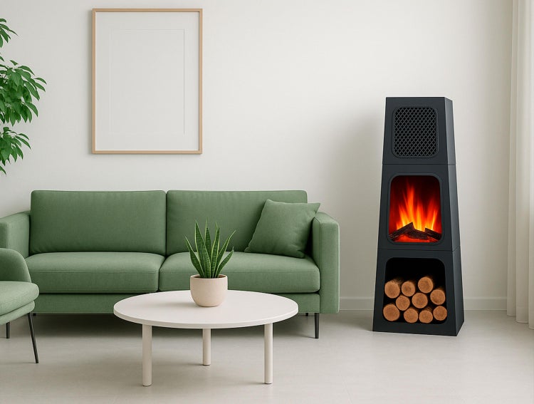 Wohnzimmer mit grüner Couch, Tisch, Elektrokamin und Dekoration