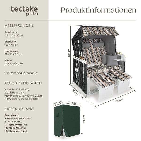 Strandkorb tectake Sylt 115 x 158 x 78 cm gepolstert mit ausziehbaren Fußbänkchen schwarz/grau/braun