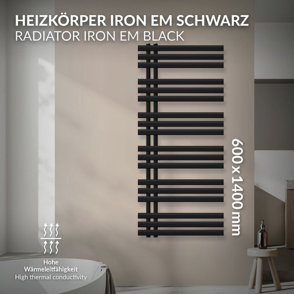 LuxeBath Design Badheizkörper Iron EM 600 x 1400 mm, Schwarz matt, Designheizkörper Paneelheizkörper Flachheizkörper Heizkörper Handtuchwärmer Handtuchtrockner Bad/Wohnraum Heizung, inkl. Montage-Set