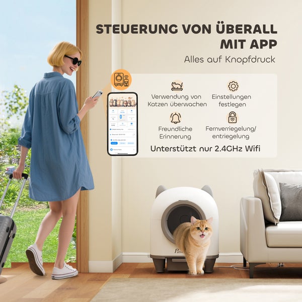 Szene mit einer Frau, die mit einem Koffer in der Hand in einen Raum geht, in dem sich eine automatische Katzentoilette und ein Sofa befinden. Die Katzentoilette kann per App gesteuert werden.
