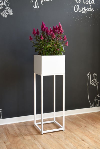Hoher weißer quadratischer Pflanzkasten mit Metallständer und rosa blühender Pflanze auf Holzboden vor dunkler Wand.