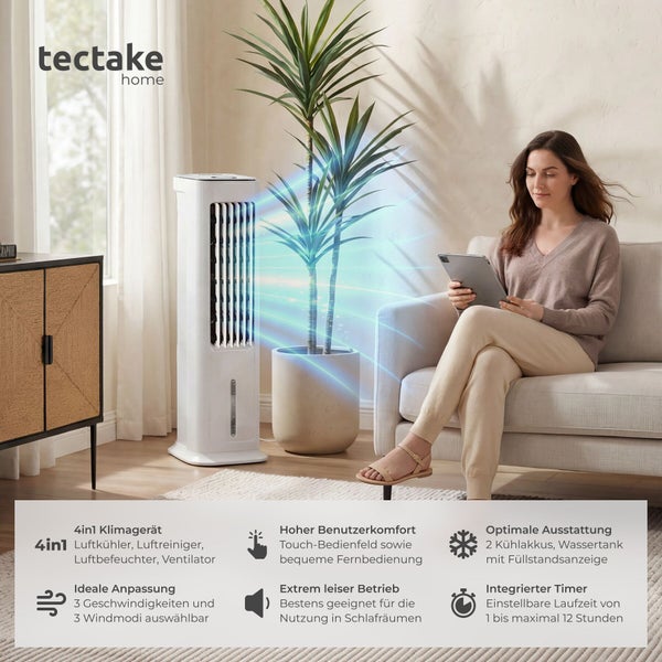 4-in-1 Klimagerät von tectake home im hellen Wohnzimmer mit Funktionen als Luftkühler, Luftreiniger, Luftbefeuchter und Ventilator sowie leisem Betrieb.