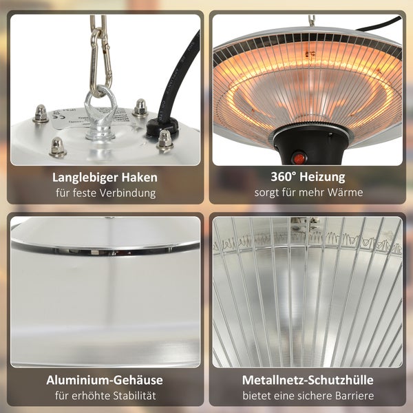 Outsunny Deckenheizstrahler, Heizstrahler mit 3 Heizstufen, 1500W, mit LED inkl. Fernbedienung, Φ42 x H29cm, Alu, Silber