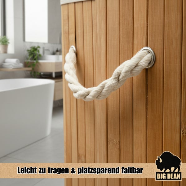 Badezimmer mit Wäschekorb aus Bambus und Seilgriffen