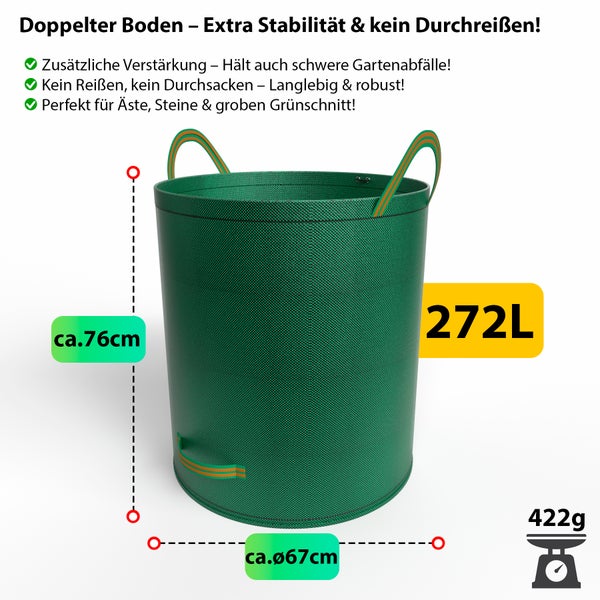 Gartenabfallsack mit zwei Tragegriffen, circa 76 Zentimeter hoch, circa 67 Zentimeter Durchmesser und 272 Liter Volumen