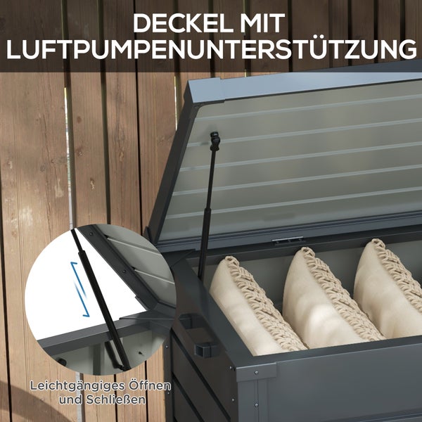 Gartenbox mit Gasdruckfeder am Deckel für leichtgängiges Öffnen und Schließen, Kissen im Inneren.