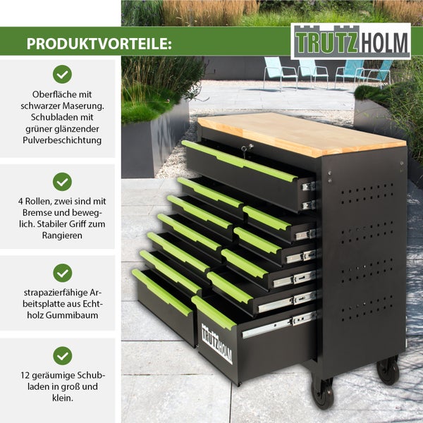 Werkzeugwagen mit zwölf Schubladen und Arbeitsplatte aus Gummiholz