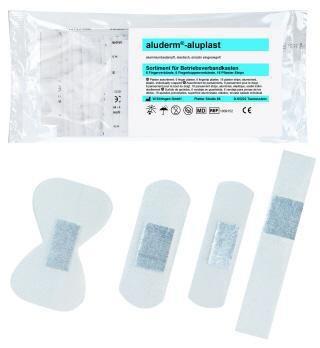 aluderm-aluplast Pflaster-Sortiment für Betriebsverbandkasten mit Fingerverbänden, Fingerkuppenverbänden und Pflasterstrips.