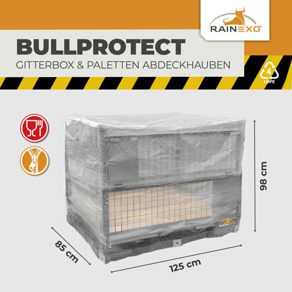 Rainexo Bullprotect Abdeckhaube für Gitterboxen, Polyethylen, 125 mal 85 mal 98 Zentimeter, lebensmittelecht, Reißverschluss, Rainexo Logo.