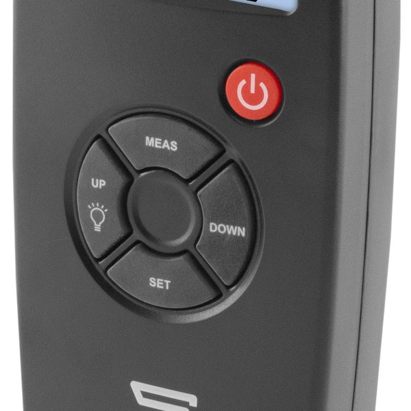 Nahaufnahme des Kunststoff-Bedienfelds eines Messgeräts mit Ein-Aus-Taste sowie Tasten für Messung, Einstellung, Licht und Navigation.