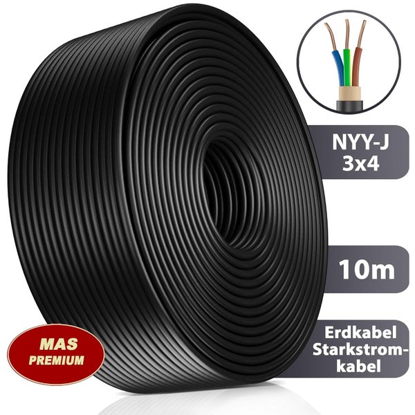 MAS Premium Logo, Erdkabel Starkstromkabel NYY-J 3 mal 4 Quadratmillimeter, Länge 10 Meter