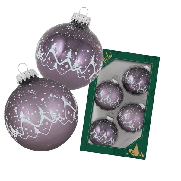 Grau/Schiefer matt 7cm Glaskugel mit Banddeko weiße Winterlandschaft, 4 Stck., Weihnachtsbaumkugeln, Christbaumschmuck, Weihnachtsbaumanhänger