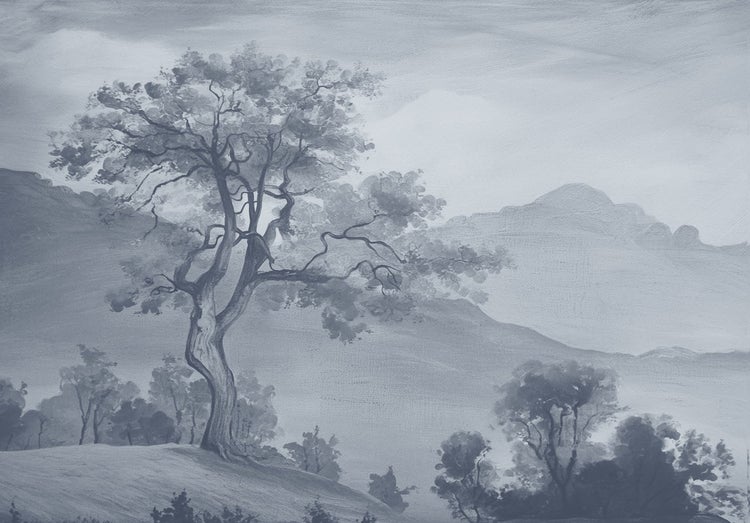 Gemälde einer Landschaft mit Baum und Bergen