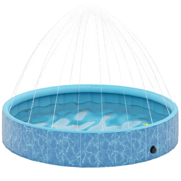 Blauer runder Kinderpool mit integrierter Sprinklerfunktion am Beckenrand.