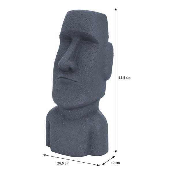 Moai Statue Gartendekoration mit Abmessungen 53,5 cm Höhe, 26,5 cm Breite und 19 cm Tiefe.
