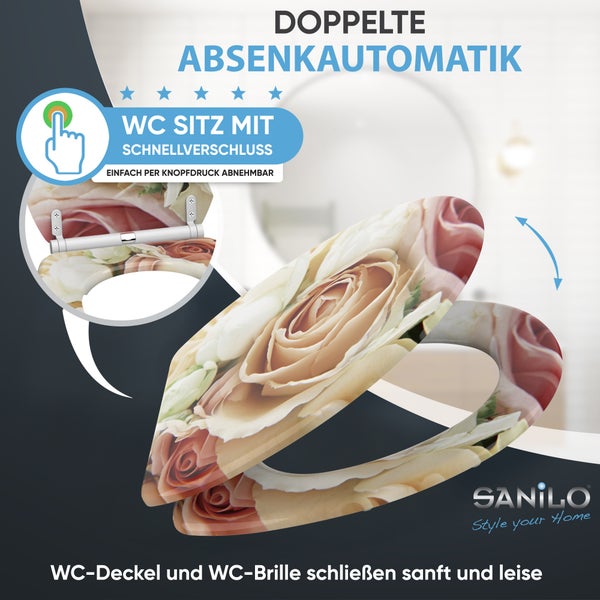 Sanilo WC-Sitz mit Rosen-Design, doppelter Absenkautomatik und Schnellverschluss per Knopfdruck. Sanilo Logo.