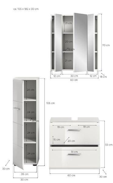 Badezimmermöbel Set mit Maßen für Spiegelschrank, Hochschrank und Waschbeckenunterschrank. Gesamtmaß circa 105 mal 185 mal 30 Zentimeter.