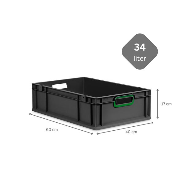PROREGAL SuperSparSet 5x Eurobox NextGen Color mit Auflagedeckel und Schiebeschnappverschlüsse, HxBxT 17x40x60cm, 34 Liter, Schwarz, Griffe grün offen, Eurobehälter, Transportbox, Transportbehälter, Stapelbehälter